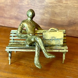 Man on Park Bench with Briefcase - Small Vintage Brass Brutalist Sculpture Unsigned