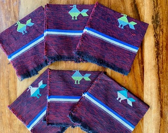 Guatemalan Embroidered Napkins - Vintage Cotton Napkins Set of 6 Hand Embroidered Folk Art in Guatemala LIKE NEW!