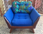 SOLD - Adrian Pearsall Sculpted Walnut Wood Club Lounge Chair with Stunning Blue Original Fabric - Mid Century Modern