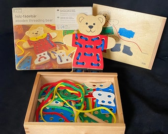 Wood Threading Bear - Vintage Wooden Toy by TCM Germany Holz Fadelbar Improves Fine Motor, Dexterity and Creativity