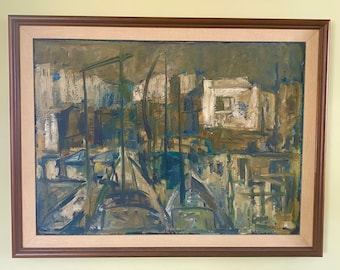 MidCentury Abstract Expressionist Painting- Vintage Abstract Acrylic Painting Beautifully Wood Framed with Linen Mat