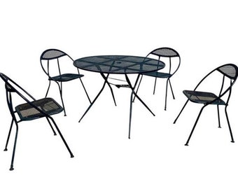 Rid Jid Patio Set - Vintage Mid Century Modern Rid-Jid  Folding Metal Patio Table and 4 Hoop Chairs