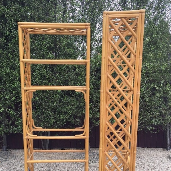 Bamboo Cane Etegere - Vintage 1970's Bamboo Cane Wrapped Etegere Wall Unit With Glass Shelves - ONE Unit