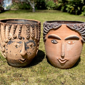 Mexican Folk Art Terracotta Planters - Large Vintage Hand Made Face Planter AMAZING!