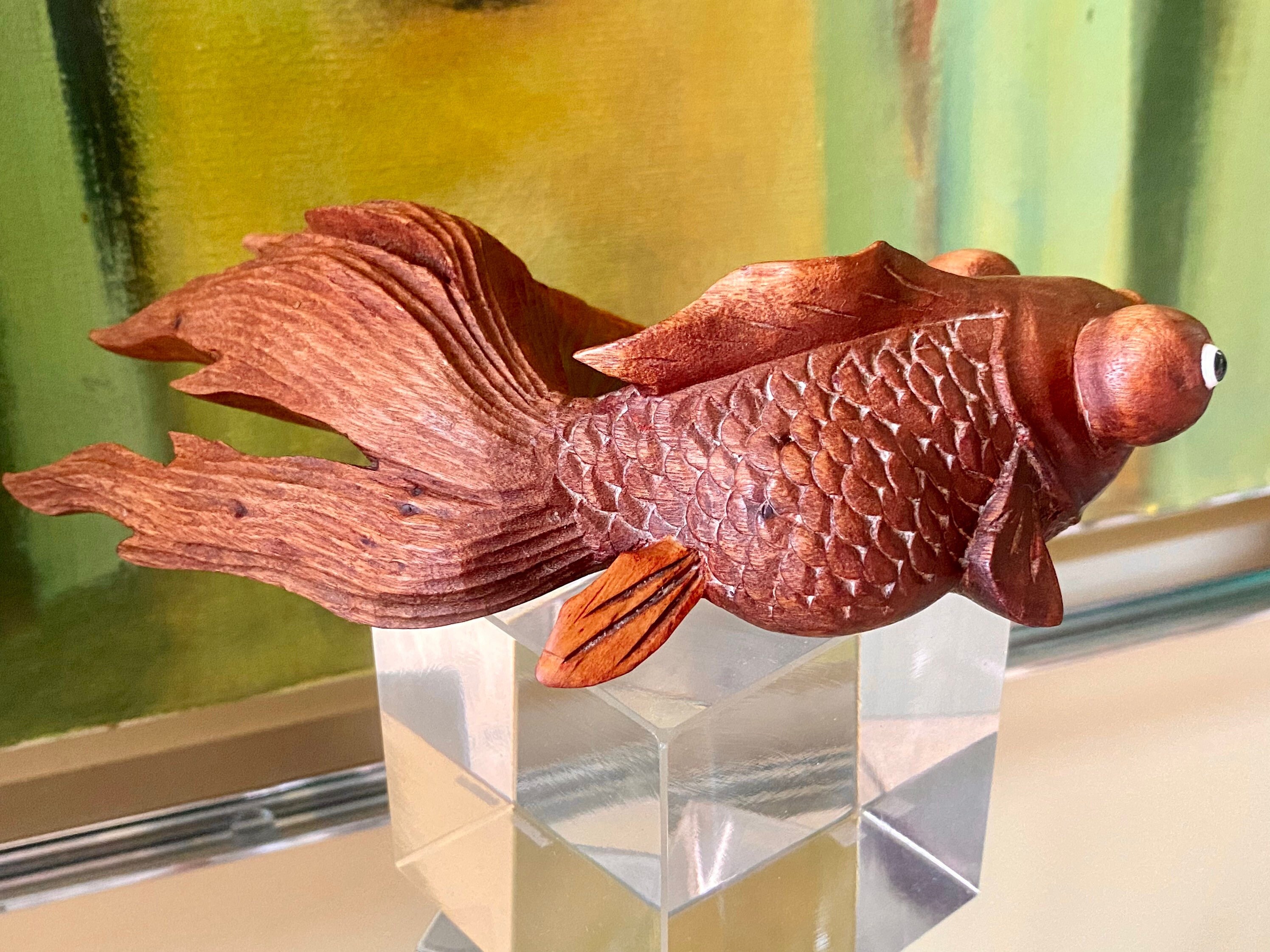Koi Fish Sculpture - Vintage Hand Carved Wood Koi Fish Sculpture