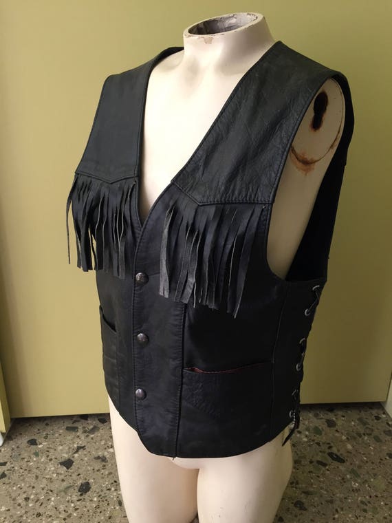 Leather Bikers Vest - Vintage Leather Hippy Biker… - image 1