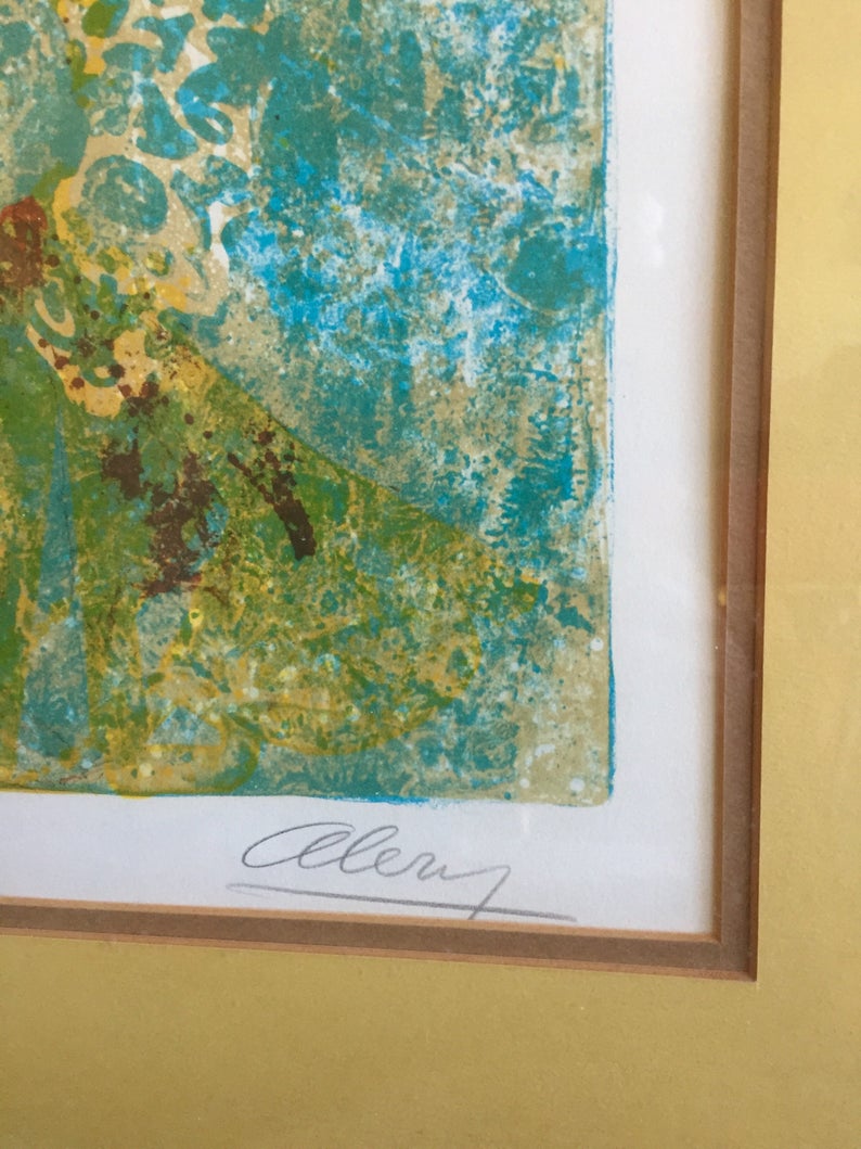 May include: A framed print with a blue, green, and yellow abstract design. The print is signed "Allen" in the bottom right corner.