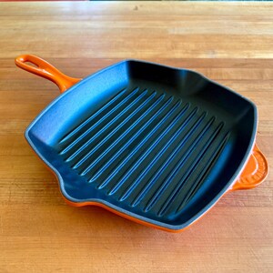 Le Creuset Square Skillet Grill Pan - No. 26 Enameled Iron in Orange Flame Finish Handled Signature Skillet Grill