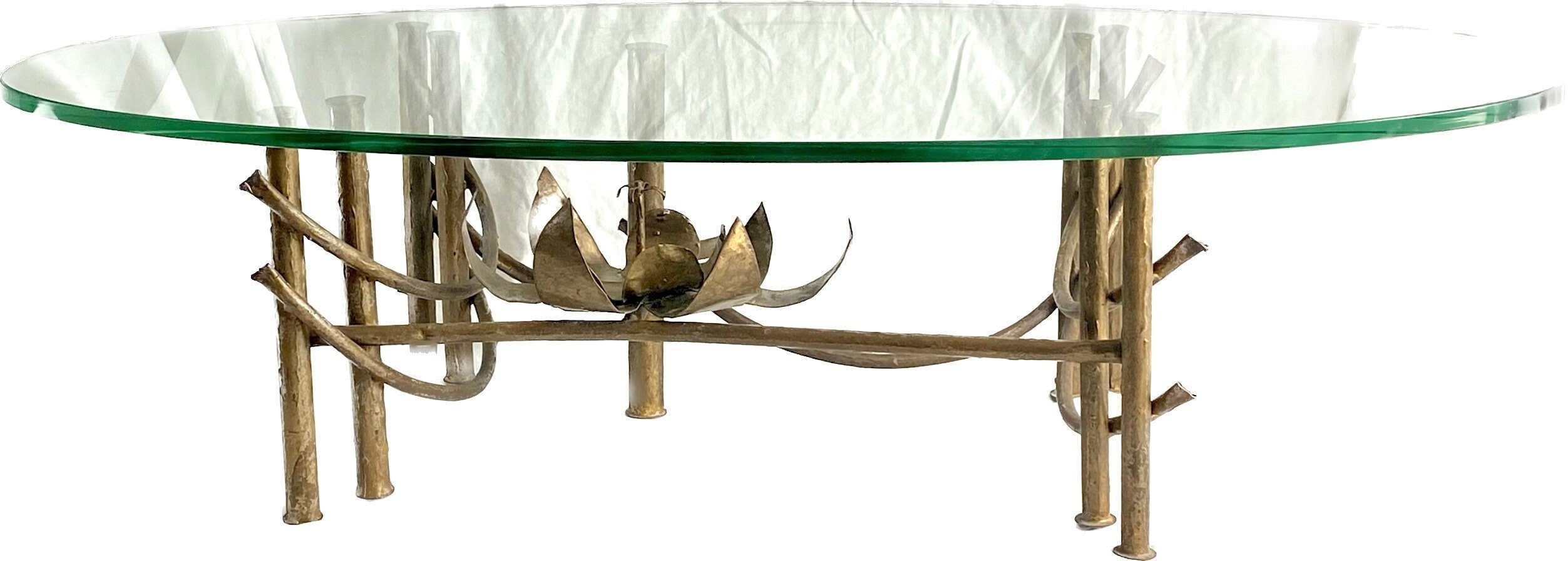Silas Seandel Coffee Table - Mid Century Modern Brass Brutalist Style with Thick Glass Top