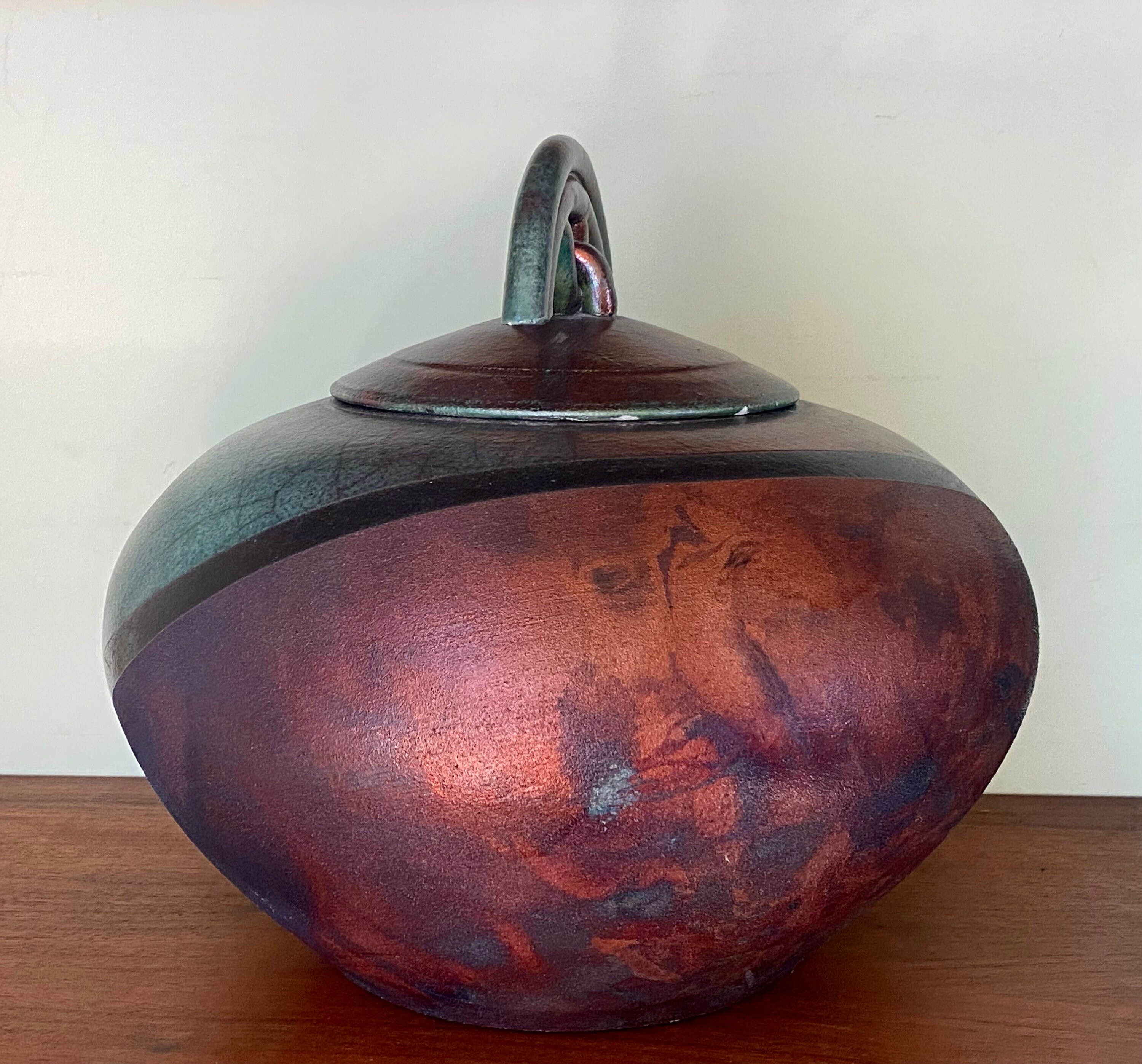 Mike Brennan 1995 Hand Thrown Signed Raku Turquoise Crackle Glaze Pottery  4.5 T