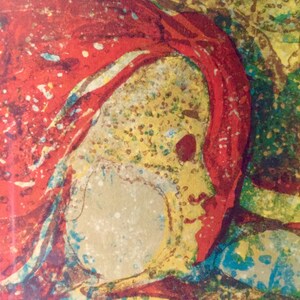 May include: Abstract painting with a red, yellow, and blue color scheme. The painting features a figure with a red head covering and a blue and yellow background.