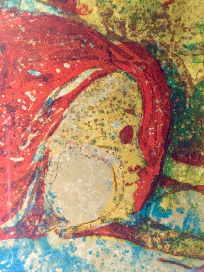 May include: Abstract painting with a red, yellow, and blue color scheme. The painting features a figure with a red head covering and a blue and yellow background.
