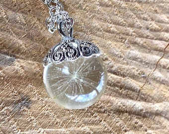 Necklace, Dandelion in glass like bead, wish, natural, boho, chic, jewelry, floral, graduation gift, dried flower, globe, bead