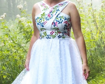 Hand Embroidered Linen Tulle Wedding Dress - Open Back, Fit & Flare
