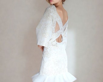 White Jacquard Mini Dress: Open Back Bell Sleeve 60s Shift