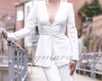 Crepe Bridal Pantsuit:  Modern Bride Two-Piece Civil Wedding Outfit Set made to measure