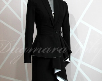 Black Crepe Asymmetrical Peplum Jacket, Shawl Collar Blazer