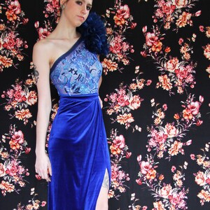 One shoulder blue velvet front slit dress, velvet train dress, women dresses, women clothing, ONE OF A KIND, long dress, floor length dress image 2