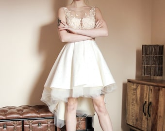 Hand Embroidered Ivory Midi Wedding Dress: Golden Leaves & Pearls