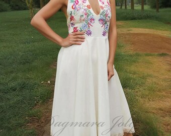 Linen Halter Midi Dress, Boho Bridal Outfit, Beach Wedding, Minimalist Embroidered Crepe Elegance