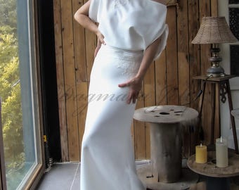 Handmade Crepe Sheath Wedding Dress: Off-the-Shoulder Lace Train