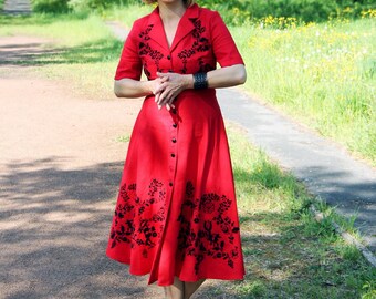 Hand-Embroidered Red Linen Midi Dress: French Cottagecore Shirt Dress