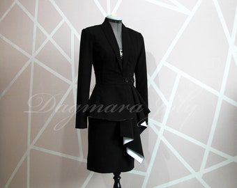 Black peplum skirt suit, black peplum jacket, peplum blazer, tuxedo skirt suit, woman skirt suit, women clothing, asymmetrical jacket,