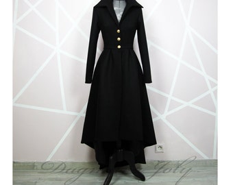 Women black long coat, black maxi coat, asymmetrical coat, women coat, winter warm coat, flared coat, black wool coat, wool overcoat women