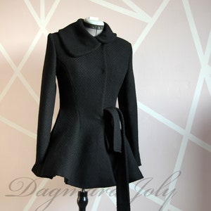 woman short wrap coat fit and flare coat women coat Black flared coat woolen coat women coat Black woolen coat women wool overcoat