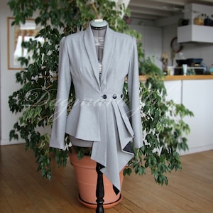 Woman slim fit jacket, gray peplum jacket, peplum blazer, tuxedo jacket, women shawl collar jacket, clothes, asymmetrical jacket,