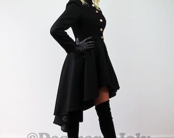 Asymmetrical Black Coat, Winter Warm Woolen Overcoat, made to measure