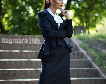 Women pinstripe suit, two piece women outfit, suit skirt, business suit, peplum suit, office wear, skirt set, peplum jacket, navy suit,
