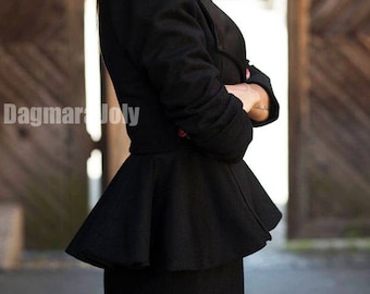 Woman tailored black suit, two piece woman outfit, skirt suit, business suit, peplum suit, suit jacket, puff sleeves jacket, blazer suit