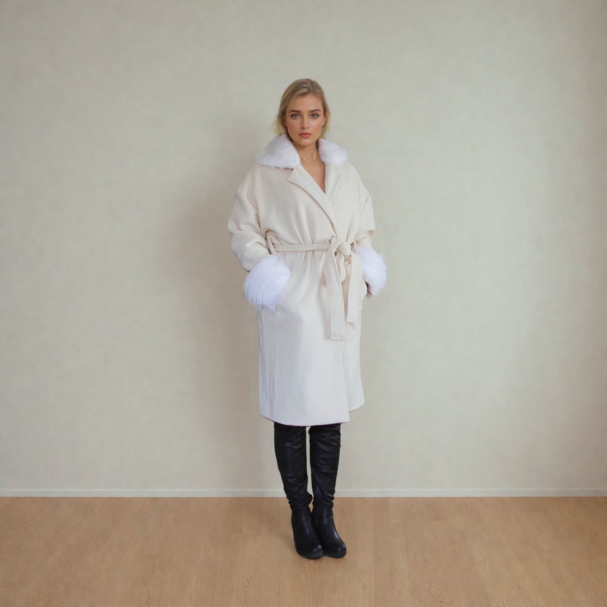 Ivory Wool Overcoat with Faux Fur Collar: Handmade Bridal Coat