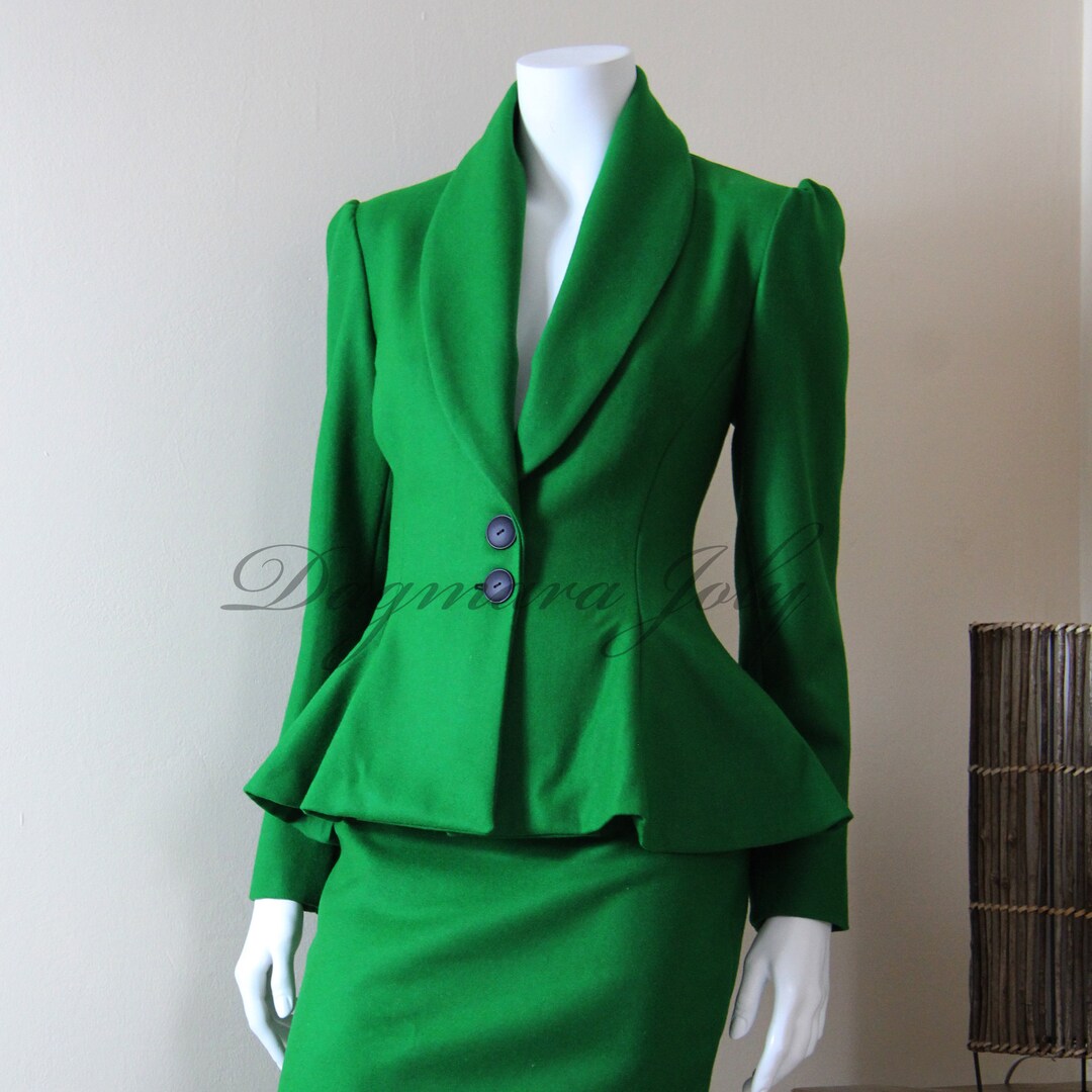 Green Puff-Shoulder Tailored Blazer
