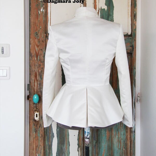 White Handmade Asymmetrical Peplum Jacket | Bridal Cover up With