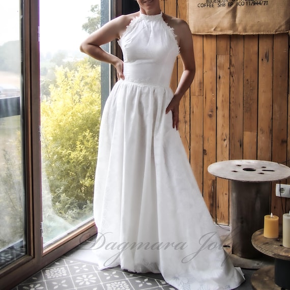 Halter Neck Wedding Dress With Train  Floor-length Boho Bridal Gown - Etsy  Israel