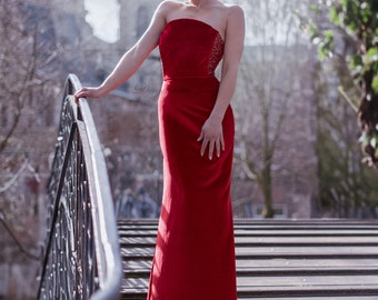 Red Velvet Sheath Floor length Dress: Strapless Beaded Evening or Cocktail  Gown with Train