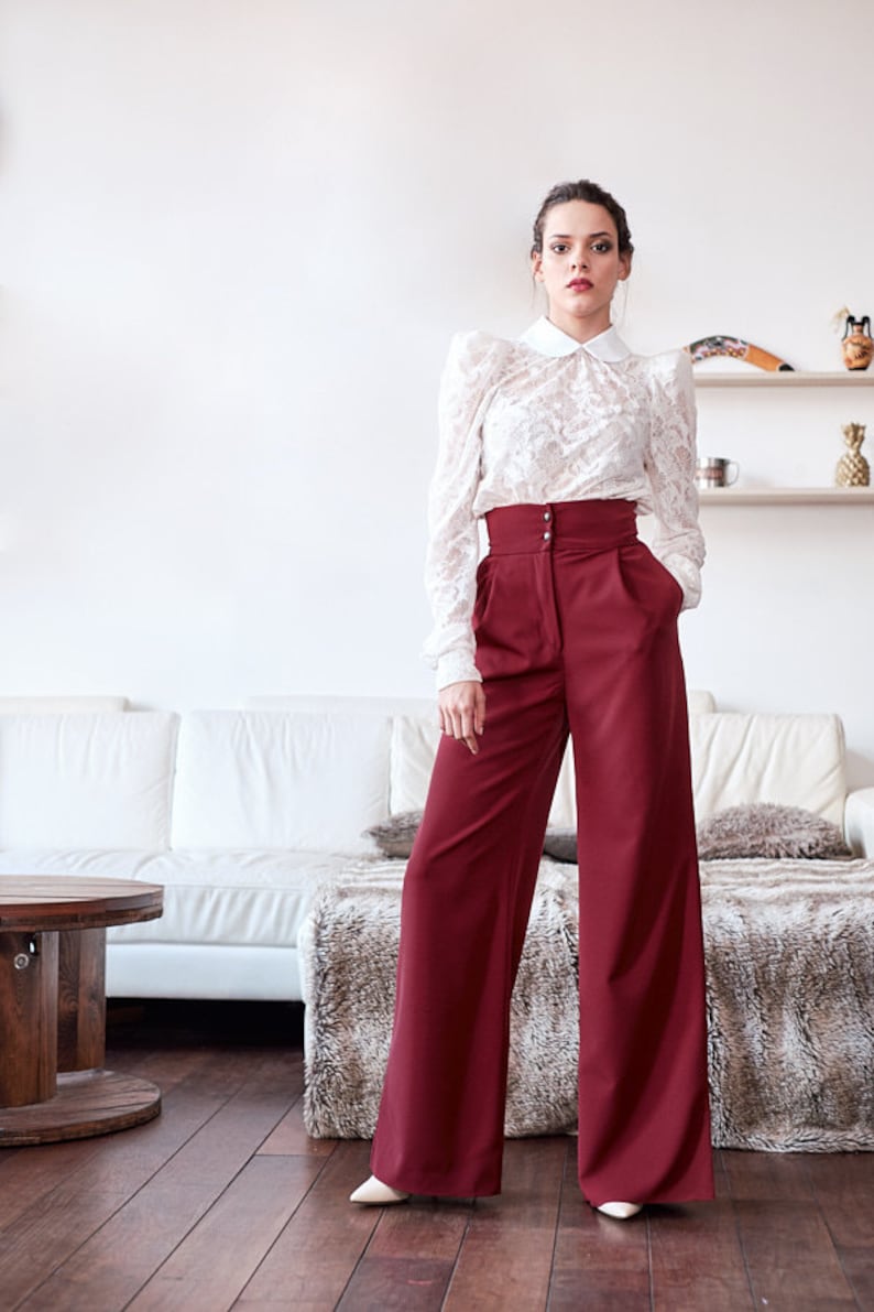 wide legged pants Women bordeaux wide legs trousers high waisted pants women pants wide legs pants pants with pockets womens clothing