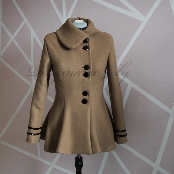 Women Short Wrap Coat, Fit and Flare Coat, Brown Coat, Women Wool