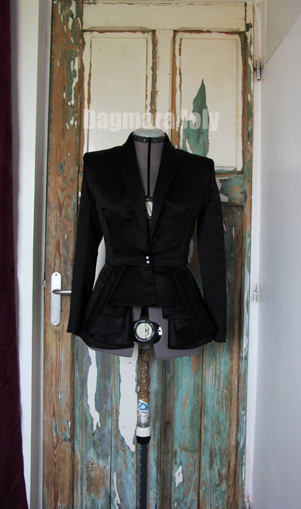 ※完売品【maisonspecial】Satin Peplum Jacket Black Satin Peplum Jacket, Asymmetrical Shawl Collar, Evening