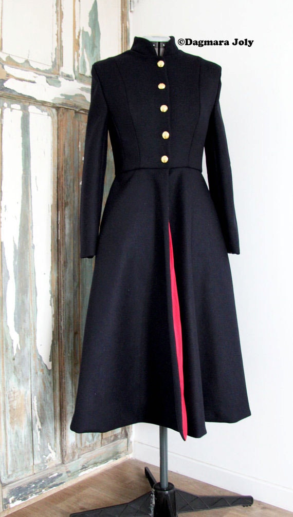 Knee Length Wool Coat Mililtary Inspired Flared Hong Kong Knee Length Wool Coat Mililtary, Black Flared Peacoats