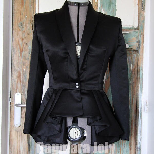 Black Satin Peplum Jacket, Asymmetrical Shawl Collar, Evening
