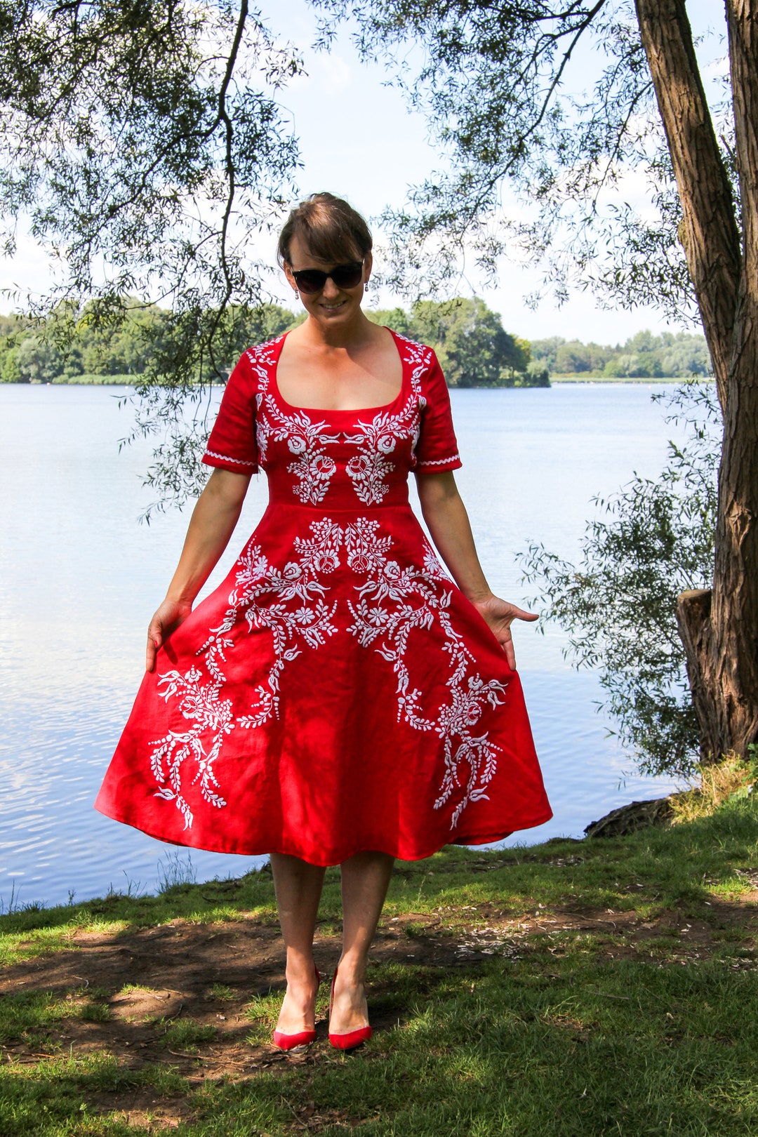 Red Hand Embroidered Linen Dress Women Dress Floral Women - Etsy