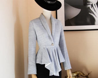 veste col châle à basque asymétrique, veste à basque, vêtement femme, veste tweed, blazer col châle, blazer tailleur femme, blazer à basque