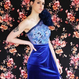 One shoulder blue velvet front slit dress, velvet train dress, women dresses, women clothing, ONE OF A KIND, long dress, floor length dress image 7