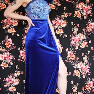 One shoulder blue velvet front slit dress, velvet train dress, women dresses, women clothing, ONE OF A KIND, long dress, floor length dress image 6
