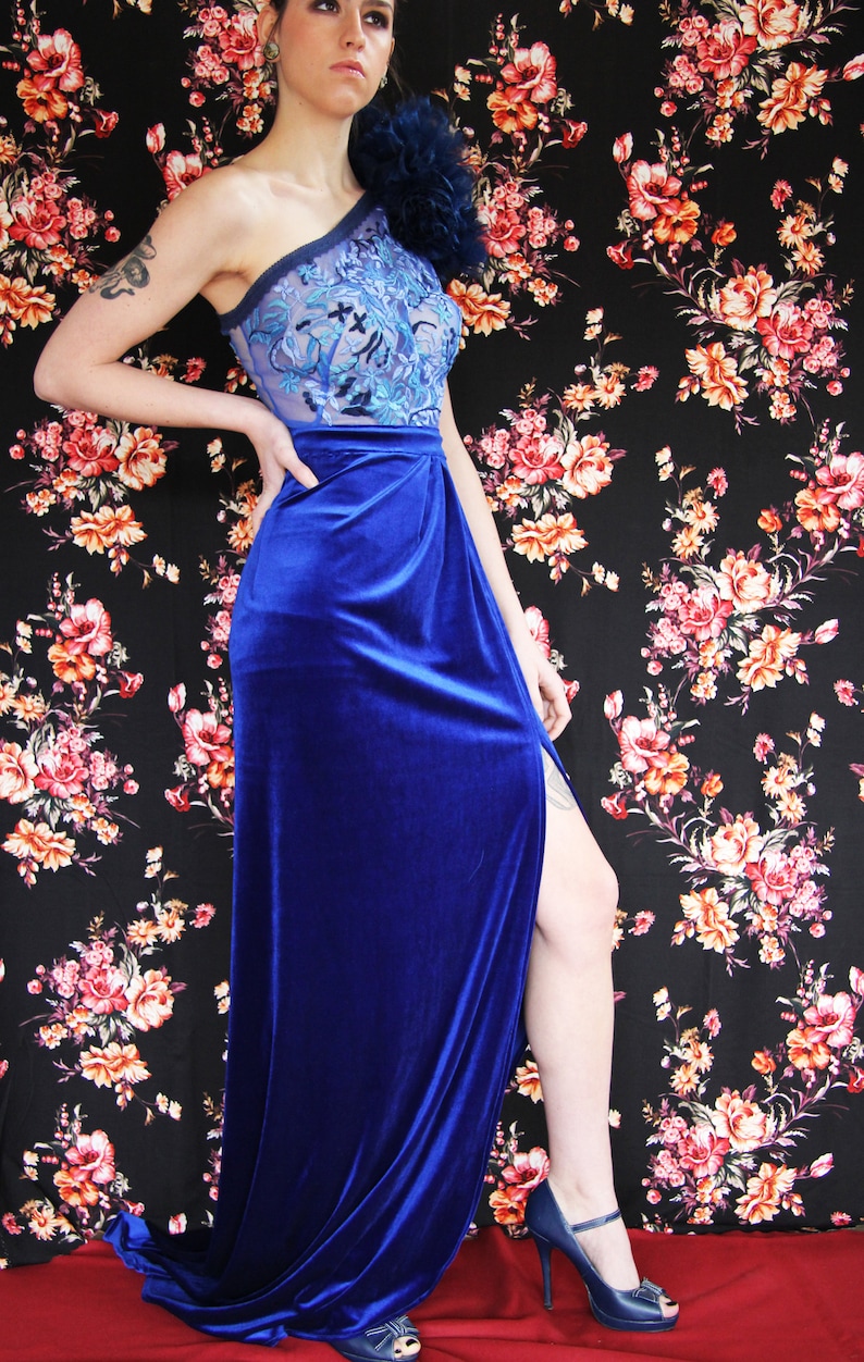 One shoulder blue velvet front slit dress, velvet train dress, women dresses, women clothing, ONE OF A KIND, long dress, floor length dress image 6