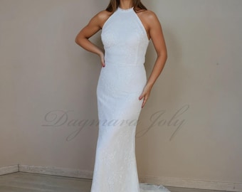 Lace Simple Slim Wedding Dress: Fitted Sheath Bridal Gown with train and halter neck