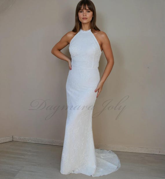 slim fit dress slacks Satin Sheath Halter Neck Wedding Dress Misty main image 0